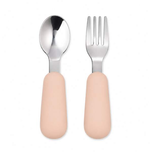 JOJO Baby 2pcs Baby Spoon & Fork Set, Toddler Self-Feeding Utensils, Stainless Steel Children's Cutlery With Silicone Handle