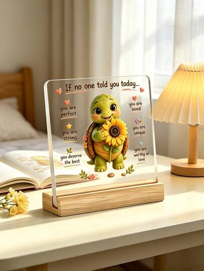 Cartoon Turtle + "You Are Perfect" Slogan Ornament, Warm & Inspirational Slogan, Acrylic Ornament With Wooden Base, Paperweight, Office Desk Decor, Office Supplies, Teacher Gift, Back To School Season