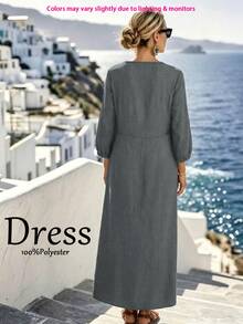 Robe élégante et décontractée en tissu tissé de couleur unie avec boutons pour femmes, pour les vacances, la plage, le quotidien et la maison - Gris pâle - Voir 2