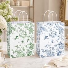 6/12/24Pcs Botanical Toile Print Paper Gift Bags, Green & Blue Floral Bird Pattern Flat Bottom Tote Bags With White Twisted Handles For Wedding, Birthday, BabyShower, Bridal Shower, Mother's Day, Garden Party Gift Packaging - View 2