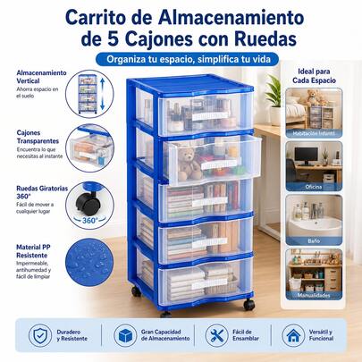 Carrello organizer verticale in plastica con cinque cassetti trasparenti e ruote girevoli, mobile contenitore modulare per organizzare oggetti in camere da letto, uffici, bagni e aree dedicate al fai da te.