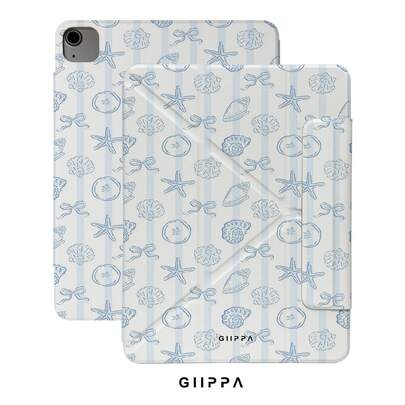 GIIPPA 1件淺藍色細條紋貝殼、海星、蝴蝶結印花保護殼，磁吸可拆卸Y型折疊防震保護套，附筆槽，適用於iPad Mini 6/7、Air 2/3/4/5/11/13" (M2/M3 2024-2025)、5/6/7/8/9/10/11代、Pro 10.5/11/12.9" (2017-2025)，適合情人節、開學季、辦公室、聖誕節、萬聖節、感恩節，送給女友的最佳禮物