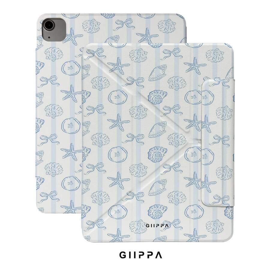 GIIPPA 1pc Light Blue Fine Striped Shell, Starfish, Bow Print Protective Case, Magnetic Detachable Y-Fold Shockproof Cover With Pen Slot, Compatible With IPad Mini 6/7, Air 2/3/4/5/11/13" (M2/M3 2024-2025), 5/6/7/8/9/10/11 Generation, Pro 10.5/11/12.9" (2017-2025), Suitable For Valentine's Day, Back To School, Office, Christmas, Halloween, Thanksgiving, Best Gift For Girlfriend - Multicolor 4 - View 1