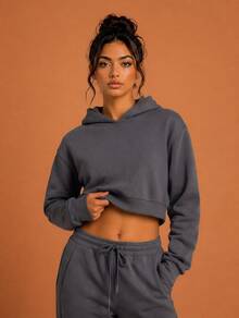 Never me Women's Loose Fashion Street Casual Long Sleeve Short Cropped Sports Sweatshirt, Comfortable Workout Top For Daily Commute Wear - Grey - View 5