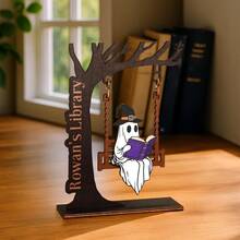 1pc Customizable Wooden Ghost Book Tree Stand Decor, Chilling Ghost On Swing - Cute Ghost Decoration, Library Sign, Adopt A Ghost, Reading Decor, Halloween Decor, Autumn Decor, Book Lover Gift, Desk Ornament - Multicolor - View 9