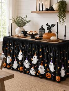 1pc Cute Ghost Pumpkin 183x75cm Table Skirt, Kawaii Halloween Party Style Polyester Rectangle Printed Tablecloth With Pleated Edge, Candy Star Table Cover Decor For Home Party Indoor Outdoor - Multicolor - View 8