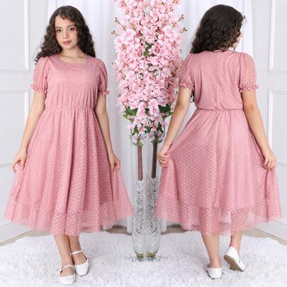 Vestido Infantil /Juvenil em tule bolinha moda Evangélica forrado por dentro e elástico na cintura