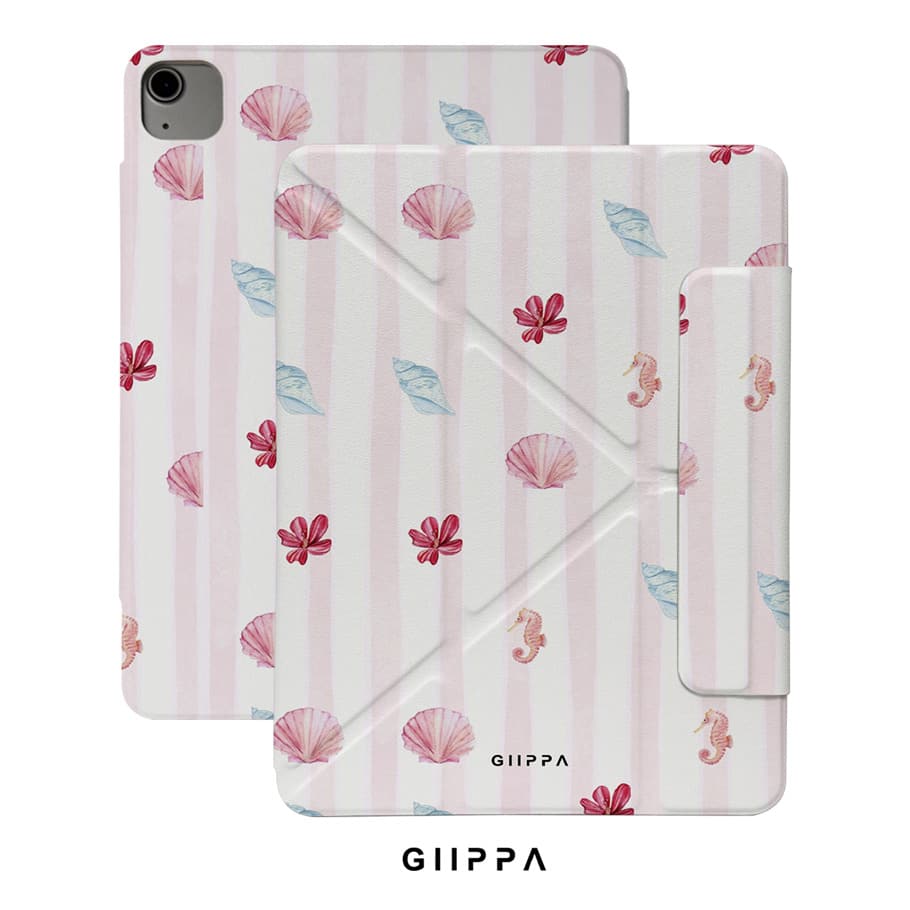 GIIPPA 1件粉色條紋海馬貝殼花卉印花保護殼，磁吸可拆卸Y-Fold防震保護套附筆槽，適用於iPad Mini 6/7、Air 2/3/4/5/11/13" (M2/M3 2024-2025)、5/6/7/8/9/10/11代、Pro 10.5/11/12.9" (2017-2025)，適合情人節、返校季、辦公室、聖誕節、萬聖節、感恩節假期，送女友的最佳禮物，完美婚禮季禮物