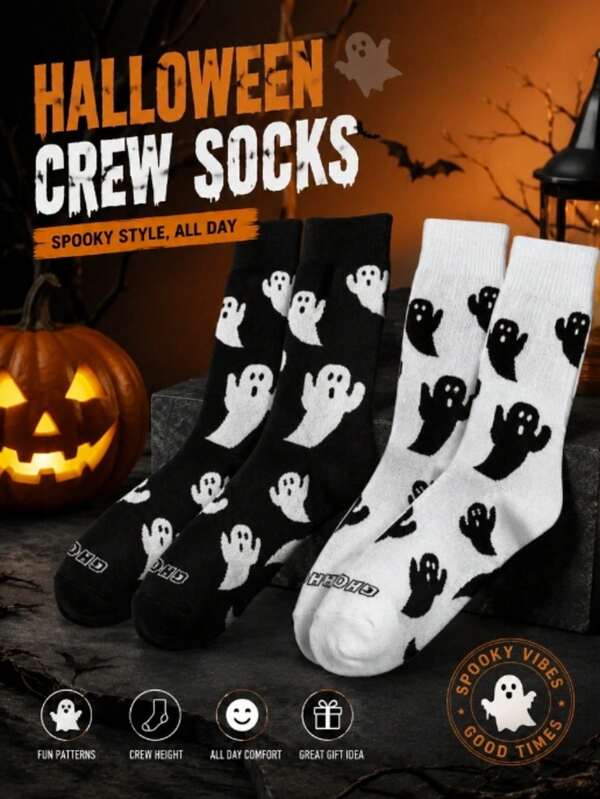 20/10/5/1 Pairs Unisex Halloween Ghost Print Crew Socks, Spooky Cute Mid-Calf Socks, Suitable For Halloween Party And Daily Wear, Y2K Gothic Streetwear Style, Black And White Color
