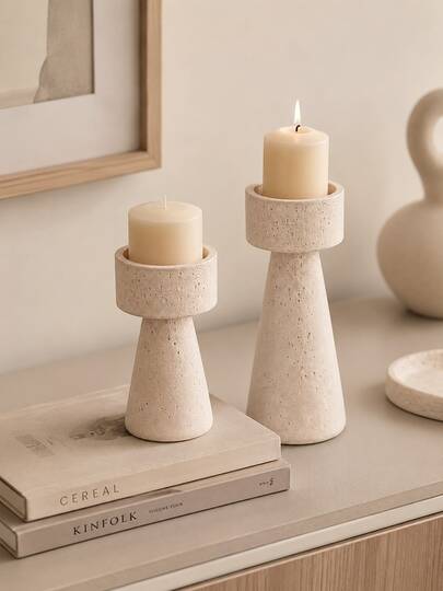 Ins Style Wabi-Sabi Textured Stone Cone Candle Holder, Cream Beige Spotted Stone Pillar Candle Holder, 2 Sizes, Neutral Warm Tone Desktop Fireplace Aesthetic Decor, Wedding Housewarming Gift