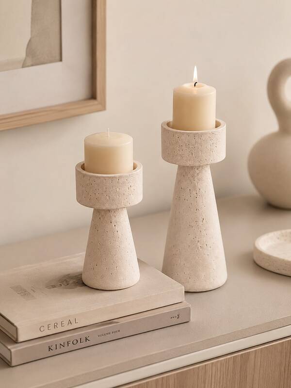 Ins Style Wabi-Sabi Textured Stone Cone Candle Holder, Cream Beige Spotted Stone Pillar Candle Holder, 2 Sizes, Neutral Warm Tone Desktop Fireplace Aesthetic Decor, Wedding Housewarming Gift
