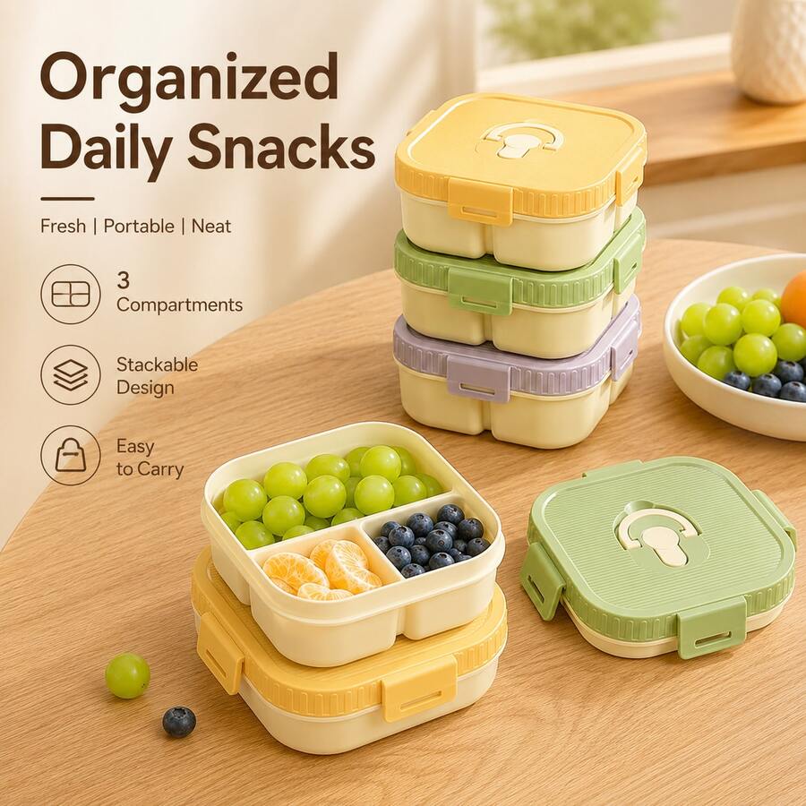 900ML Divided Portable Square Plastic Lunch Box With Handle, Microwave , Leak-Proof Sealed Fruit Salad Food Storage Container, Suitable For Students, Home, School, Office, Outdoor Camping, Picnic, Travel, Back To School