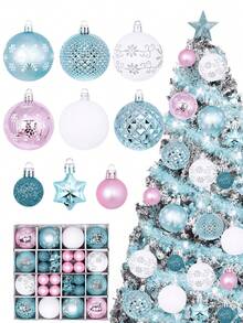 44pcs/Set Macaron Glitter Christmas Decoration Balls, Gold, Blue & White & Pink Mixed Color Shatterproof Spheres With Hooks, Exquisite Textured Design, Suitable For Christmas Tree Decoration, New Year Celebration, Outdoor Decoration, Create Festive Atmosphere - Blue, White, and Pink Christmas Ornaments - View 3