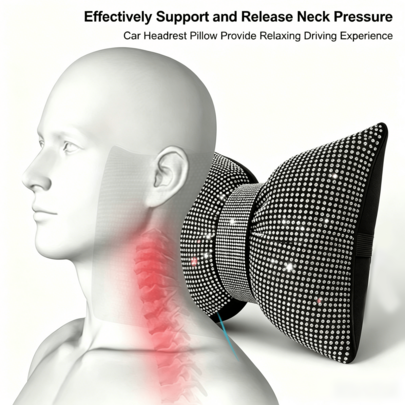 Almohada brillante para coche, almohada de cuello con lazo de strass, almohada de cojín de cuello para reposacabezas de coche, almohada de apoyo de cuello para dormir y viajar, almohada lumbar, accesorio brillante de interior con diamantes de colores, adecuado para mujeres
