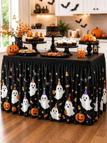 1pc Cute Ghost Pumpkin 183x75cm Table Skirt, Kawaii Halloween Party Style Polyester Rectangle Printed Tablecloth With Pleated Edge, Candy Star Table Cover Decor For Home Party Indoor Outdoor - Multicolor - View 6