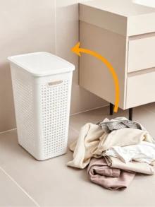38L Wäschekorb im Rattan-Look mit Deckel, Cut Out atmungsaktives Design, staubdichter Klappdeckel und Griffe für einfachen Transport, ideal zum Aufbewahren von schmutziger Wäsche, Handtüchern und Stoffartikeln in Badezimmern und Schlafzimmern - Verschiedenfarbig - Übersicht 4