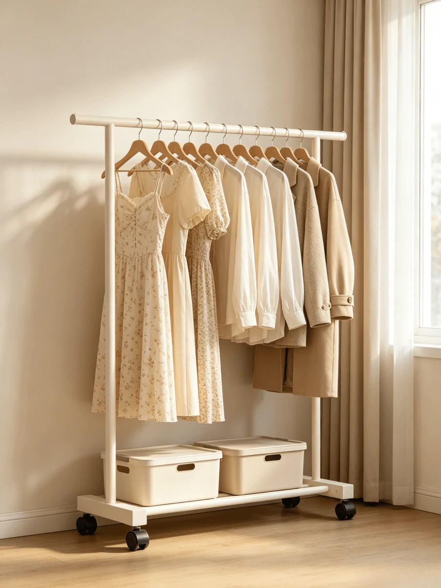 1pc Mobile Floor Clothes Rack With Universal Casters, Available In Single-Layer And Double-Layer Styles, A Storage, Drying And Shelving Unit For Clothes Used On Household Balconies. - White - View 1