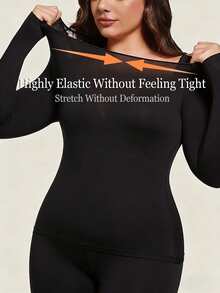1pc Women Plus Size Mask-Sense Ultra-Thin Thermal Top, Heat Retention Fall Winter Base Layer, Slim Lightweight Skin-Friendly Long Sleeve Undershirt - Black - View 3