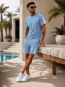 2pcs/Set Men's Unique Striped Print Summer Outfit, Including Round Neck Short Sleeve T-Shirt And Sports Shorts With Pockets And Drawstring - Light Wash - View 4
