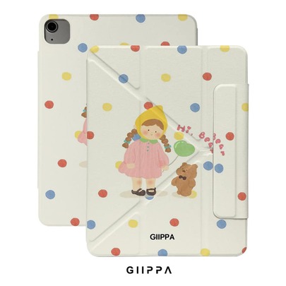 GIIPPA 1pc Cute Polka Dot Girl & Bear Print Y-Fold Magnetic Tablet Protective Case, PU Leather Outer Layer With Hard Acrylic Anti-Bend Back Plate, No Pen Slot, Multi-Angle Support, Auto Sleep/Wake, Shockproof Protective Cover With Soft Microfiber Lining, Japanese Cute Minimalist Design, Suitable For School, Office And Daily Use, Compatible With IPad Mini 6/7, Air 2/3/4/5/11/13" (M2/M3 2024-2025), 5/6/7/8/9/10