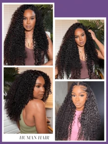 V Part Kinky Curly Human Hair Wig No Leave Out No Glue No Sew In Blends Seamlessly with Kinky Curly Wig 180% Density U Part Wig Upgrade Beginner Friendly Natural Color Easy To Wear - Natural Black - Übersicht 6