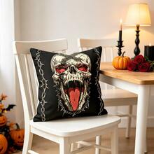 1pc Digital Print Pillowcase/Cushion Cover, Cool Rock Punk Style Skull With Tongue And Spiked Chain Pattern, Halloween Home Decor (Pillow Insert Not Included) - Multicolor - View 10