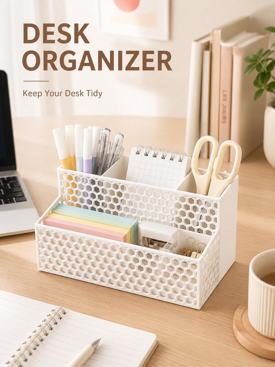 Large Capacity Honeycomb Hollow Design Desktop Organizer, Multi-Layer Multi-Compartment Office Stationery Student Desk Storage Rack, Innovative Back To School Gift, Suitable For Office Desk And Study Desk - One Size - View 1