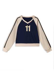 Sweatshirt Kasual Minimalis Digital Print Leher V Bergaya Remaja dengan Blok Warna - Navy Blue - View 3