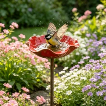1件戶外鳥浴盆，紅色鳥食碗，適合花園，耐候性野鳥洗澡花園裝飾，適用於庭院或露台裝飾 - A - 查看 9