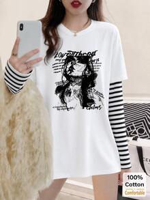 Kaos Lengan Panjang 2-in-1 dengan Motif Potret Wanita, Atasan Kasual Musim Gugur dengan Potongan Longgar - Putih - View 1