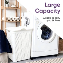 38L Wäschekorb im Rattan-Look mit Deckel, Cut Out atmungsaktives Design, staubdichter Klappdeckel und Griffe für einfachen Transport, ideal zum Aufbewahren von schmutziger Wäsche, Handtüchern und Stoffartikeln in Badezimmern und Schlafzimmern - Verschiedenfarbig - Übersicht 5