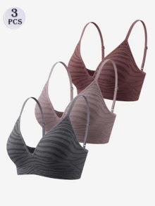 3pcs Elegant Zebra Jacquard Wire-Free Bra, Adjustable Spaghetti Strap Deep V Seamless Soft Home Lingerie - Multicolor - View 9