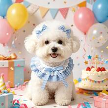 1 Set Plaid Ruffle Lace Adjustable Pet Bib With Matching Bow Accessory, Sweet Cute Pet Collar And Bow Hair Clip Set, Adjustable Tie Drool Bib, Suitable For Cats And Dogs Daily Wear, Party, Photography Outfit Pet Clothing Accessories - Multicolor - View 4
