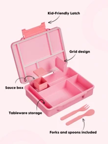 Cute Pink Bento Box Set With Spoon, Fork And Sauce Container, Multi-Compartment Leak-Proof Large Capacity Food Container, Suitable For School Cafeteria Picnic Portion Control Box, Back To School Gift - Multicolor - View 7