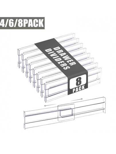Adjustable Drawer Dividers In Packs Of 4/6/8 For Clothing And Kitchenware. These Extendable Plastic Drawer Dividers Are Suitable For Bedroom, Bathroom, Dressing Table, Wardrobe, Clothing, Office, And Kitchen Storage. They Are Sturdy And Durable.