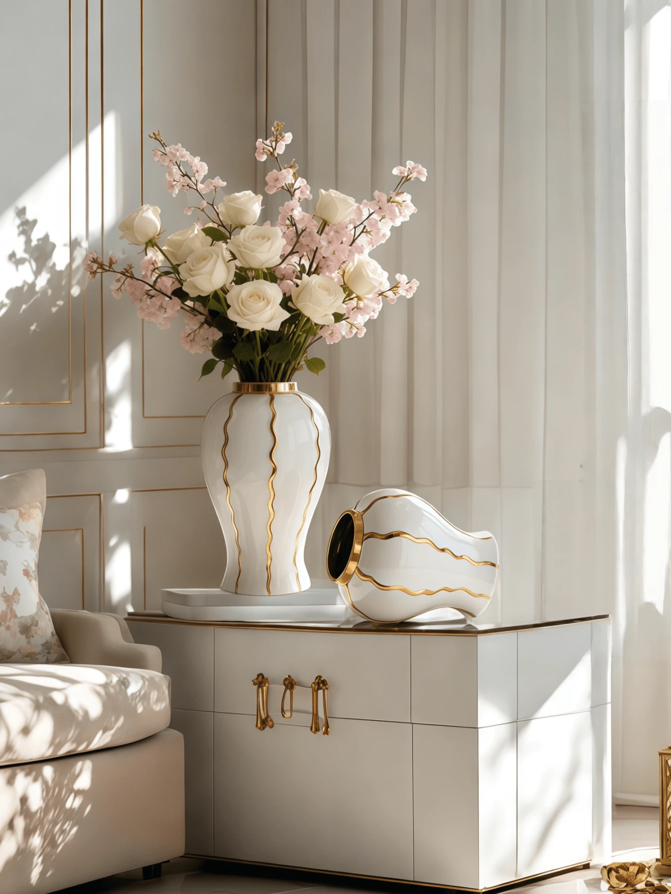 1PC White & Gold Wavy Striped Ceramic Vase Set, Modern Luxury Decorative Flower Vases For Living Room Table Home Decor - Watermelon Pattern General Jar - View 1