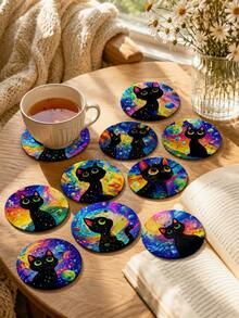 10pcs Galaxy Black Cat Wooden Coasters, Colorful Space Style Round Printed Wood Drink Coaster Set With Star Planet Cat Pattern, Decorative Cup Mats For Coffee Table Bedroom Party Decor - F - View 8