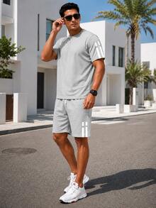 2pcs/Set Men's Unique Striped Print Summer Outfit, Including Round Neck Short Sleeve T-Shirt And Drawstring Shorts With Pockets - Light Grey - View 7