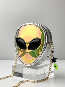Holographic Alien Design Novelty Bag With Alien Charm, Mini Novelty Bag, PVC Material, Alien Design, Zipper Chain, Transparent Bag, Suitable For Work, Travel, Women's Color-Changing Laser Bag, Back To School Gift, Teacher Gift - Multicolor - View 4