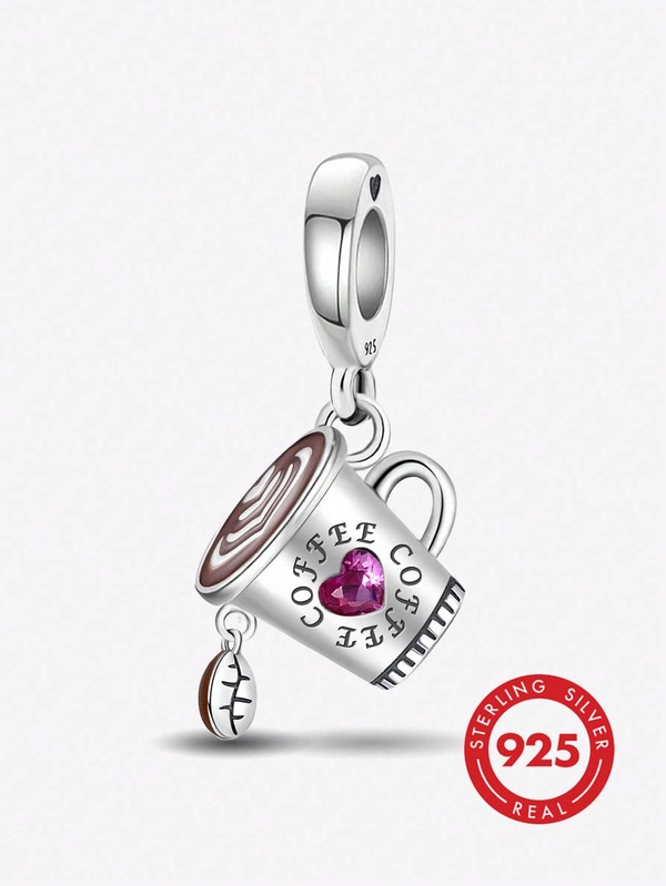 1pc 925 Sterling Silver Heart Coffee Cup Pendant, Suitable For Women's Bracelet DIY Jewelry Making, Daily Wear Decoration