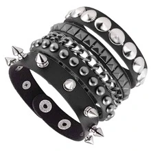 Bracelet manchette en cuir punk - Bracelet de poignet en cuir gothique avec clous métalliques - Accessoires punk rock des années 80 pour hommes et femmes - Noir - Voir 6