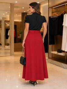 Women's Long Tailored Skirt, Side Pocket And Front Zipper, Includes Belt, Modest Fashion - 紅陶 - 查看 2