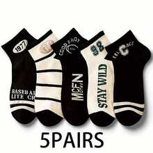 5 Pairs Vintage American Style Men's Short Socks - Retro Letter & Number Print Casual Short Socks Suitable For Street Fashion And Daily Wear - Multicolor - View 6