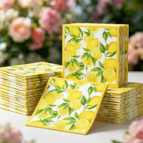 5pcs/10pcs/15pcs Lemon Paper Napkins, Yellow Citrus Fruit Theme Disposable Napkins, Kitchen Bathroom Lemon Decor Theme Party Supplies