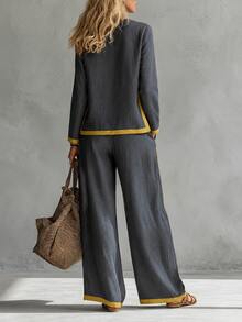 Fashionable Women's Casual Long Sleeve Top And Wide Leg Pants Set, Contrast Trim Design, Effortlessly Create Autumn Fashion Look Elegant - Dark Grey - View 6