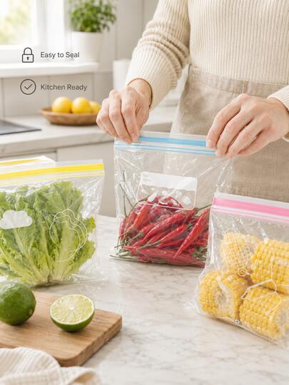Reusable Food Storage Bags, PE Double-Zip Stand-Up Freezer & Microwave Bags, 3 Sizes Color Stripe Resealable Bags For Kitchen & Home Organization, 15/20/30PCS