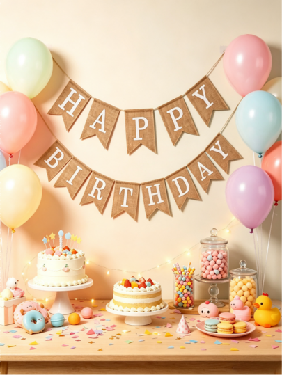 天然黃麻布燕尾三角旗幟，白色「Happy Birthday」字母字樣，可重複使用生日拍照背景橫幅，適合各種生日派對場景裝飾的完美飾品