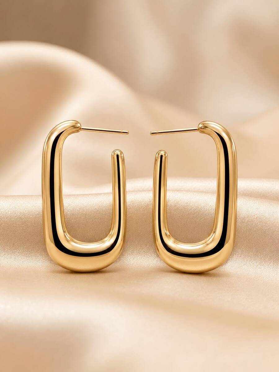 1pc Luxury Elegant Minimalist Thick Tube Rectangular Geometric Hoop Earrings For Women, Small To Medium Size, Party Gathering Date, Sophisticated Vintage Style - Earrings - View 1