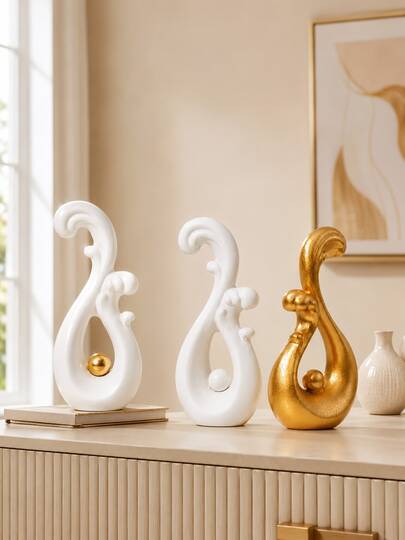 1pc Abstract Resin Sculpture Decor, Modern Curved Art Figurine, Gold White Resin Look Tabletop Ornament For Living Room, Bedroom, Office Desk, Shelf, TV Cabinet, Entryway Console, Minimalist Centerpiece, Luxury Home Decoration, Housewarming Gift