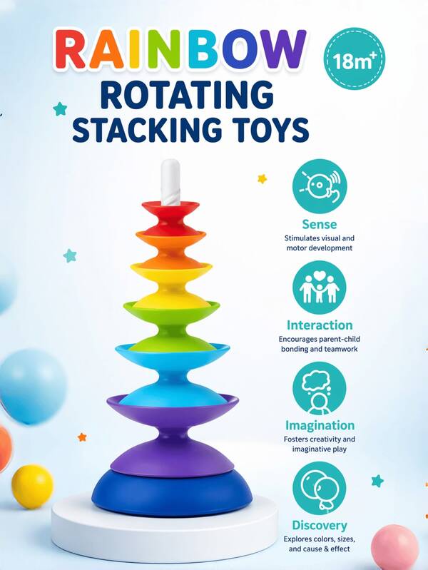Rainbow Rotating Stacking Tower Montessori Toy, Suitable For 1-3 Years Old, Sensory Stress Relief Travel Toy, Birthday Christmas Halloween Gift For Boys Girls And Children With Autism, Baby Products, Toddler Toys, Girls Toys, Children Toys, Newborn, Baby, Baby Essentials, Baby Products